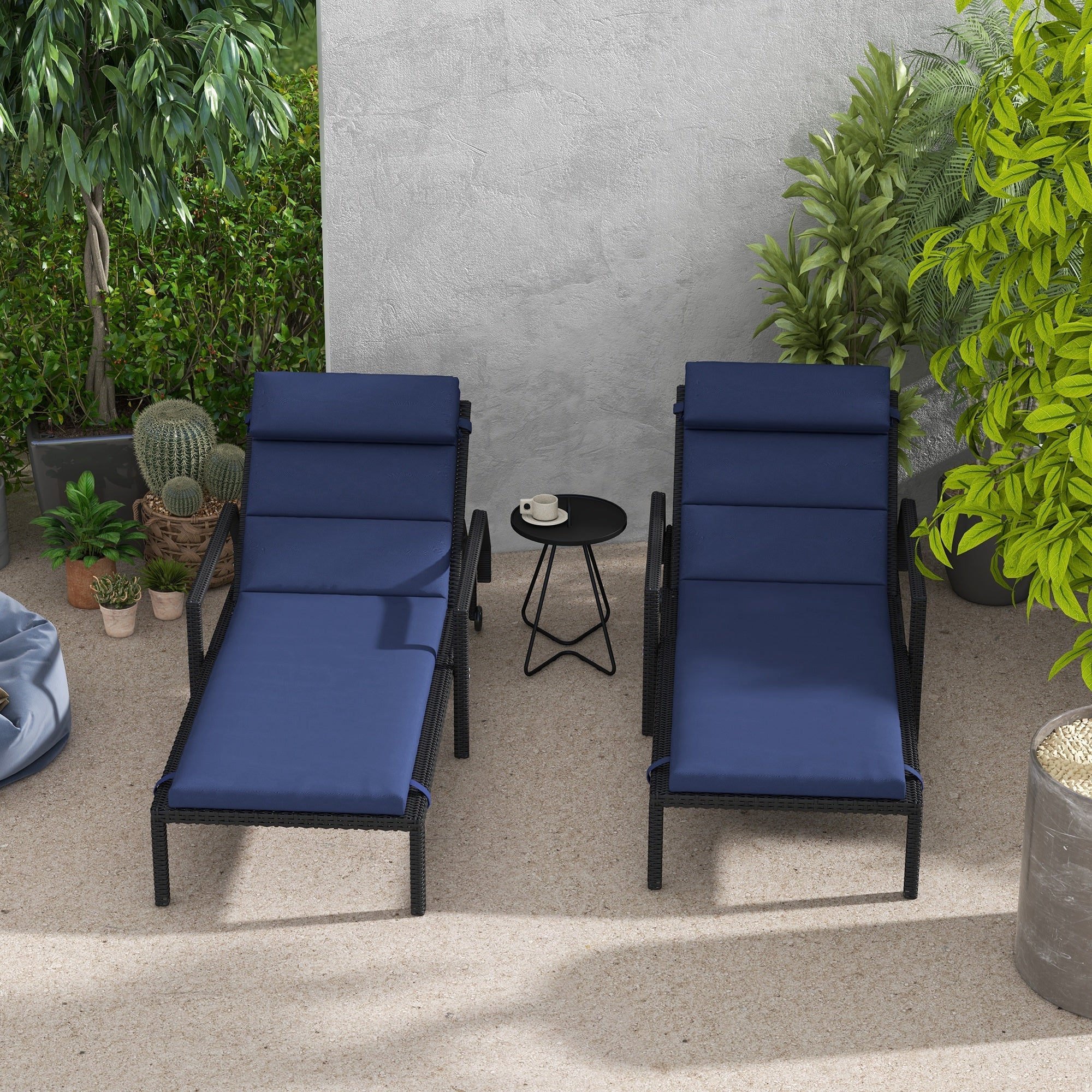 Outsunny Patio Lounge Chair Cushions - Comfortable Sun Lounger Pads with Headrest, Ties, Set of 2, Dark Blue