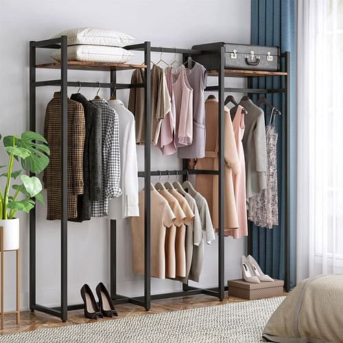 Black Metal Garment Rack with 4 Clothes Hanging Rods and 2 Wood Storage Shelves - Free Shipping