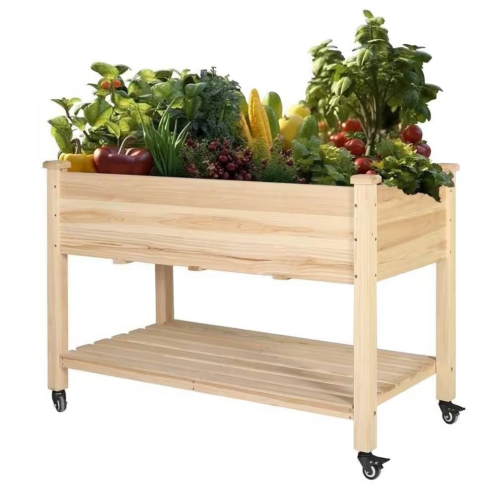 Outdoor Wood Raised Garden Bed Planter Box Cart on Wheels 46-inch x 22-inch - Free Shipping