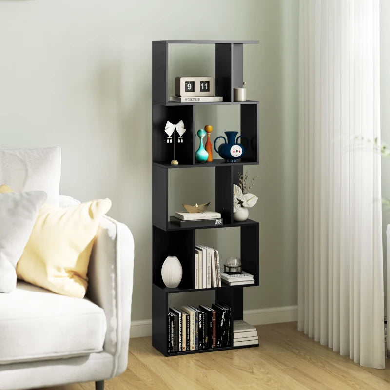 5-Tier Geometric Bookshelf, S Shaped Bookcase, Modern Freestanding Display Shelf Unit for Home Office, Black