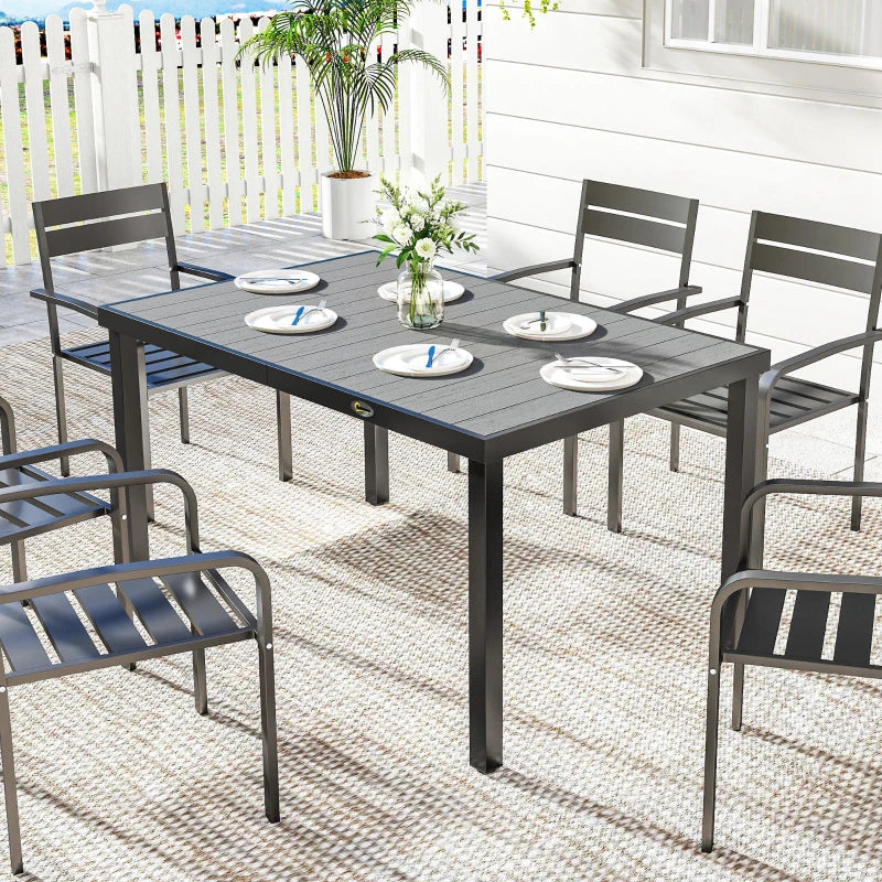 Rectangular Patio Table for 6, Outdoor Dining Table with Wood-Plastic Composite Top and Steel Frame for Garden, Grey