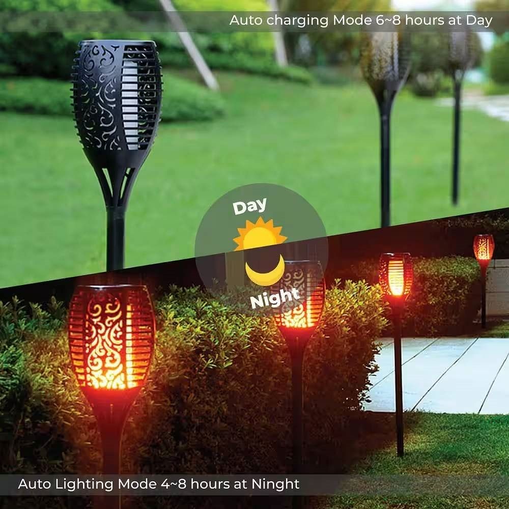 Set of 4 - Outdoor Solar Lights LED Tiki Torch Polynesian Style Path Lighting - Free Shipping