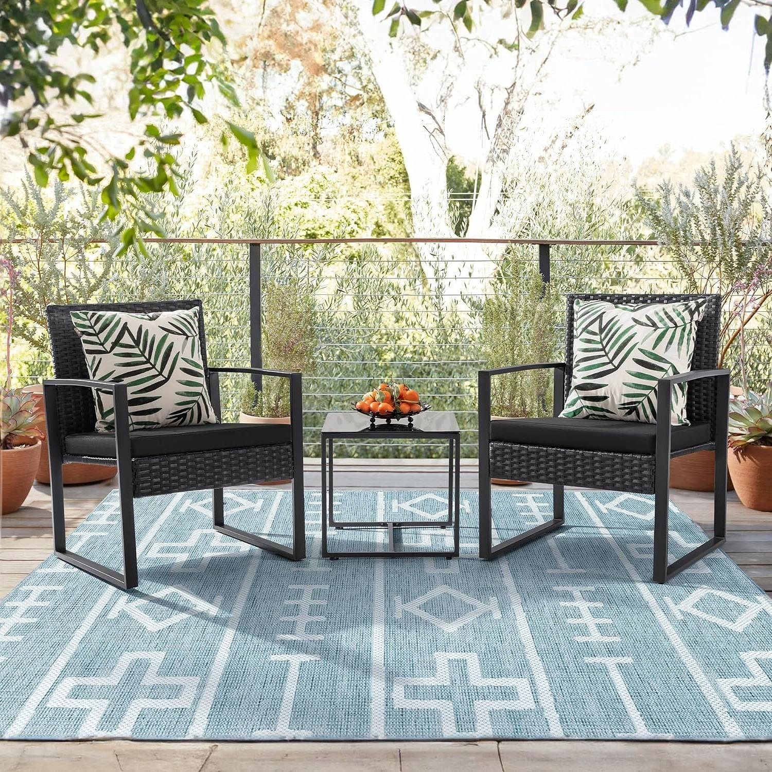 Outdoor 3-Piece Patio Furniture Set with 2 Black Patio Chairs and 1 Side Table - Free Shipping