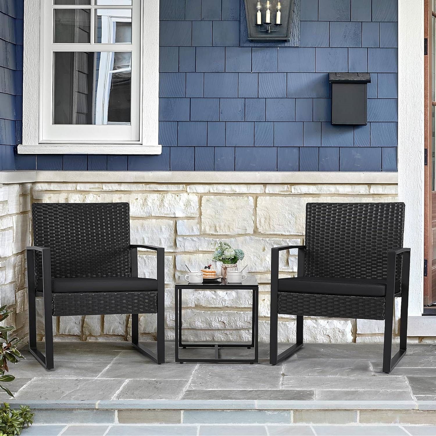 Outdoor 3-Piece Patio Furniture Set with 2 Black Patio Chairs and 1 Side Table - Free Shipping