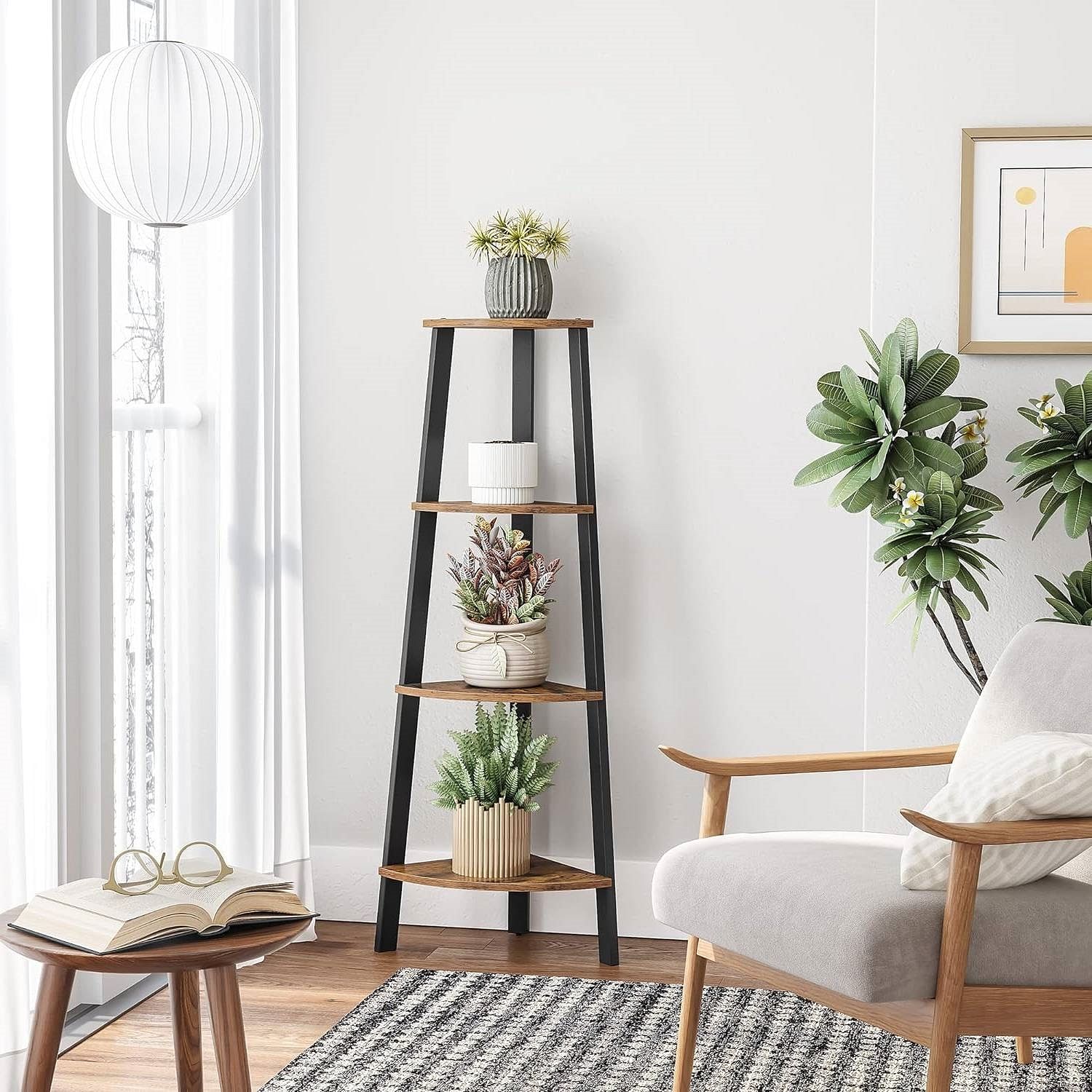 Narrow 3-Shelf Corner Shelving Unit Plant Stand Bookcase in Brown Black Wood - Free Shipping