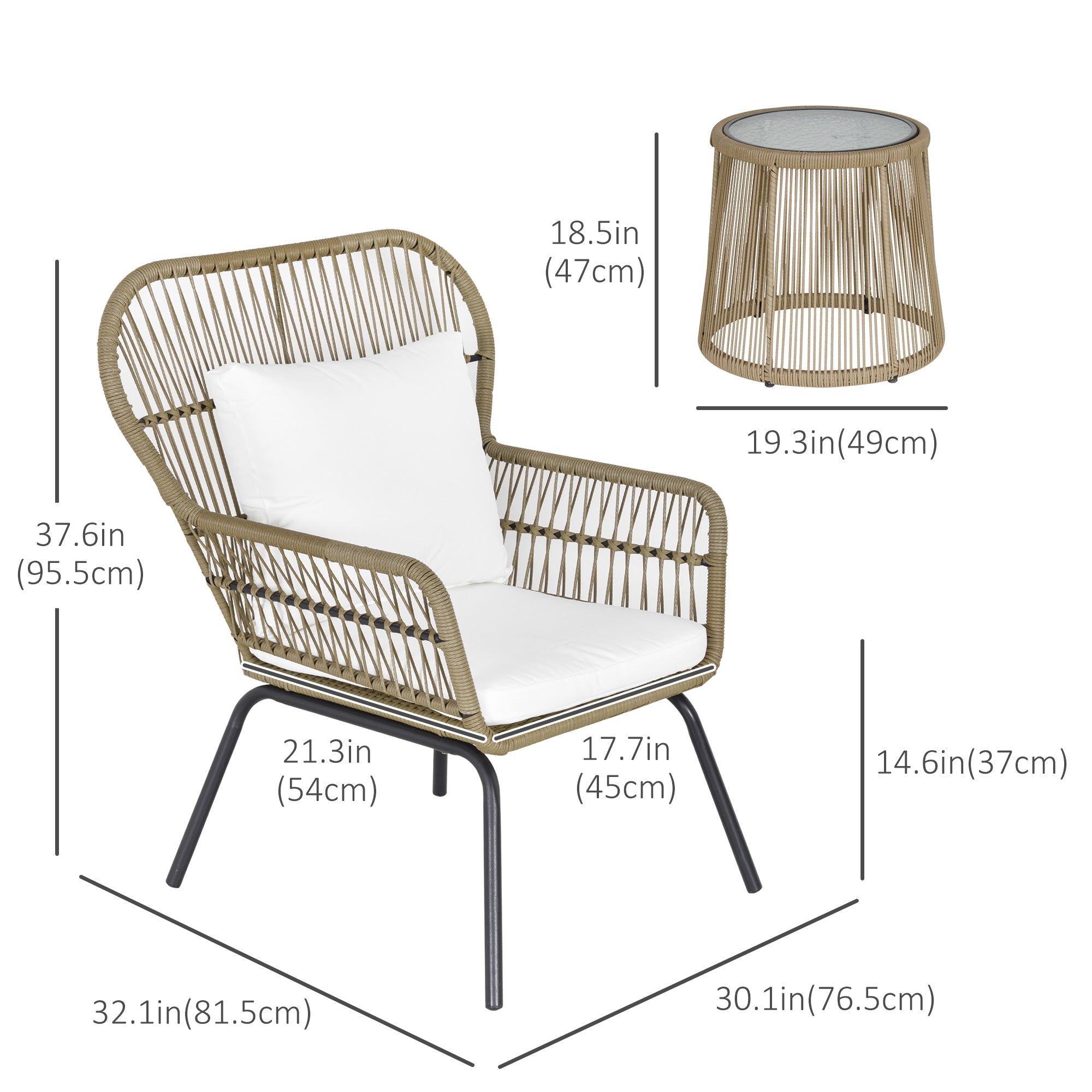 Outsunny 3 Pieces Outdoor Patio Bistro Set Wicker Rattan Furniture 2 Chairs 1 Coffee Table with Metal Legs for Garden Backyard Deck