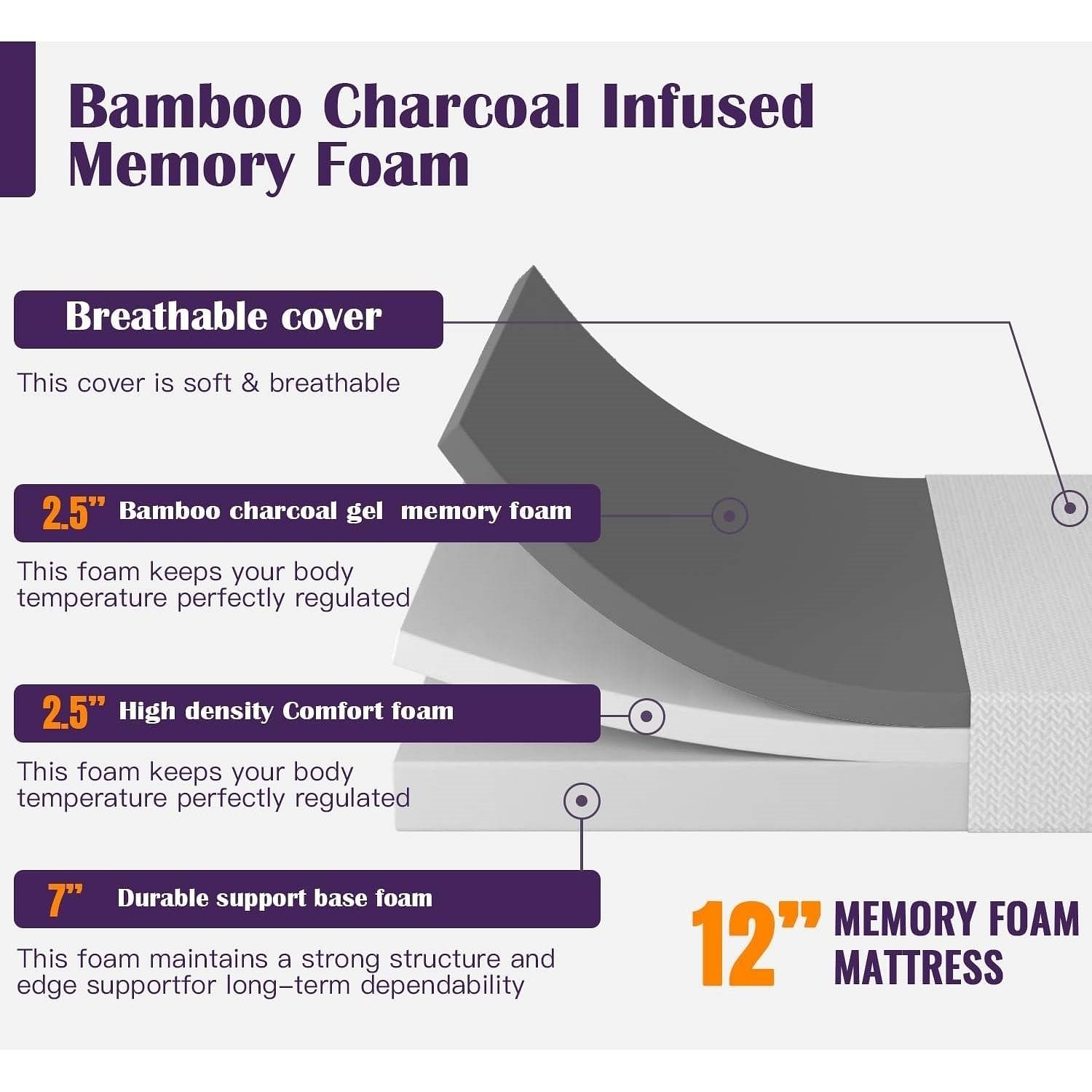 Full size 12-inch Charcoal Infused Memory Foam Mattress with Removable Cover - Free Shipping