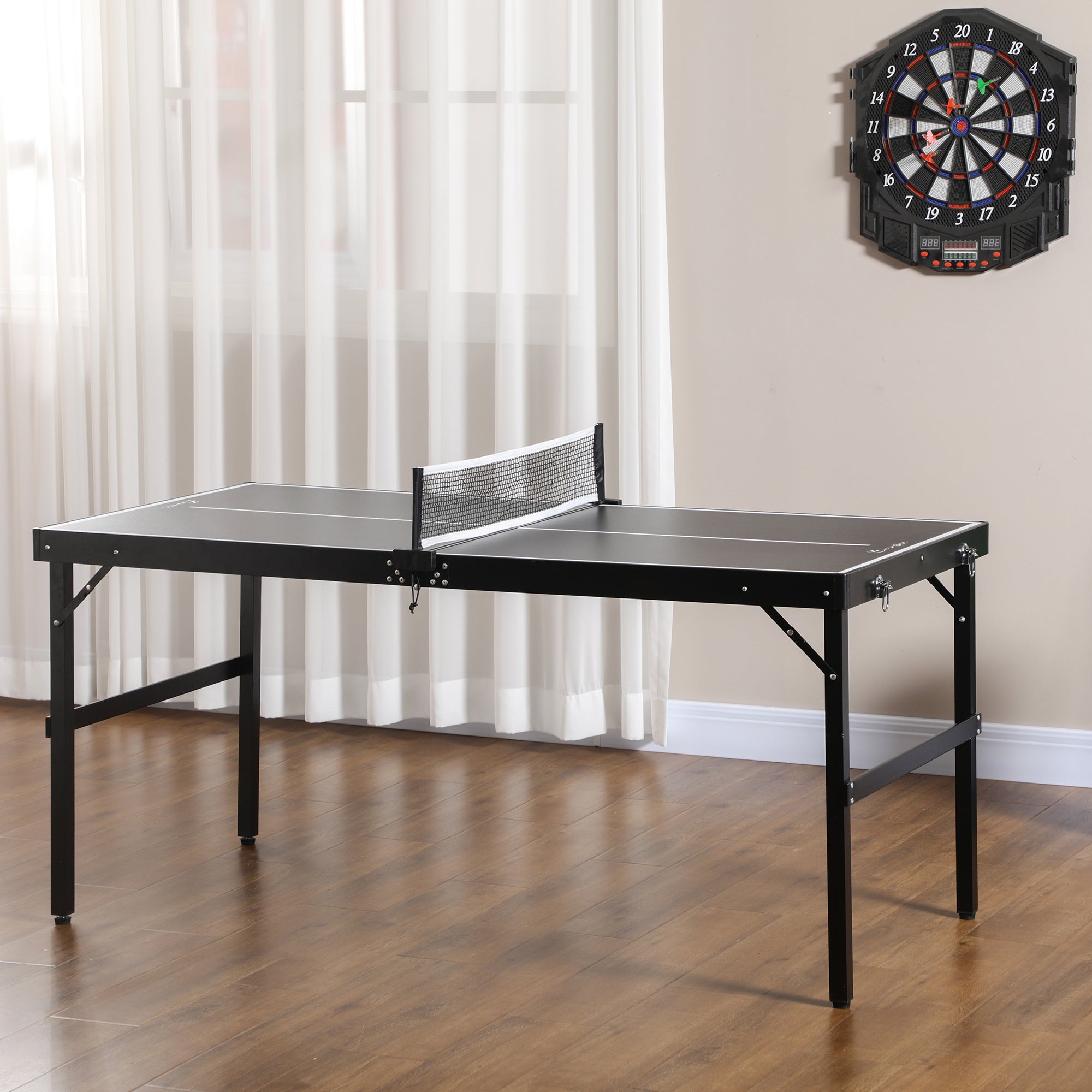Soozier Mid-size Folding Table Tennis Table with Aluminium Frame, Portable Outdoor Ping Pong Table with Net, Black