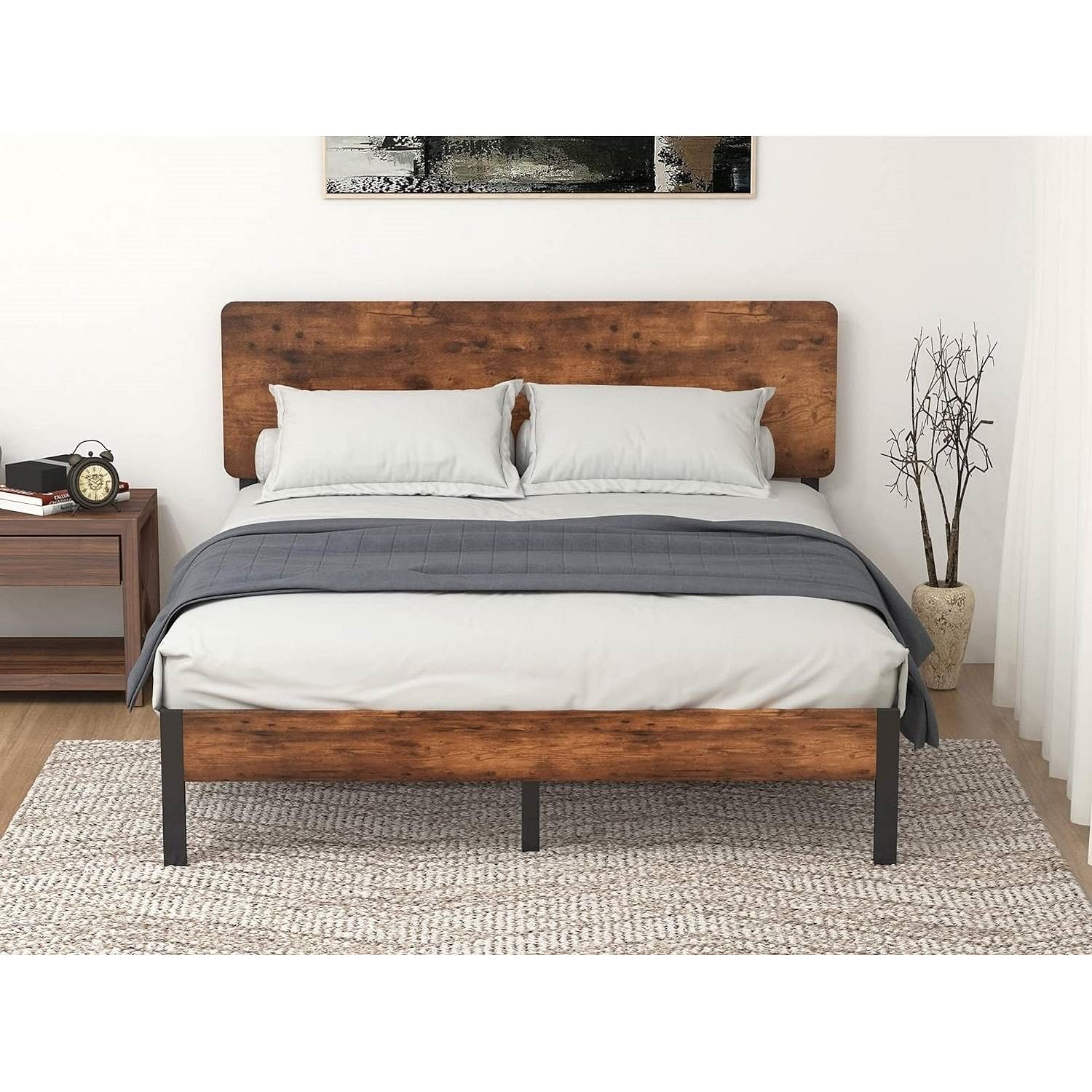 Full Modern Metal Platform Bed Frame with Rustic Wood Headboard and Footboard - Free Shipping