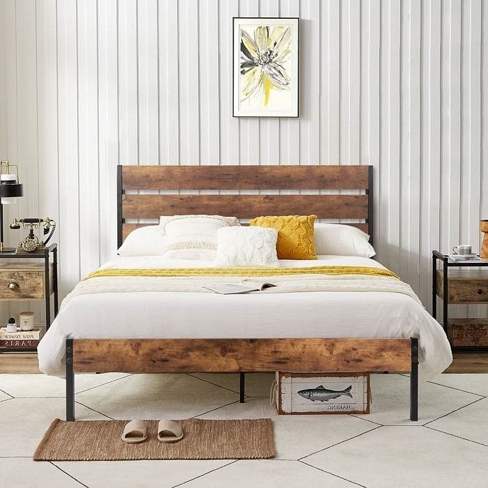 Full Industrial Platform Bed Frame with Brown Wood Slatted Headboard Footboard - Free Shipping
