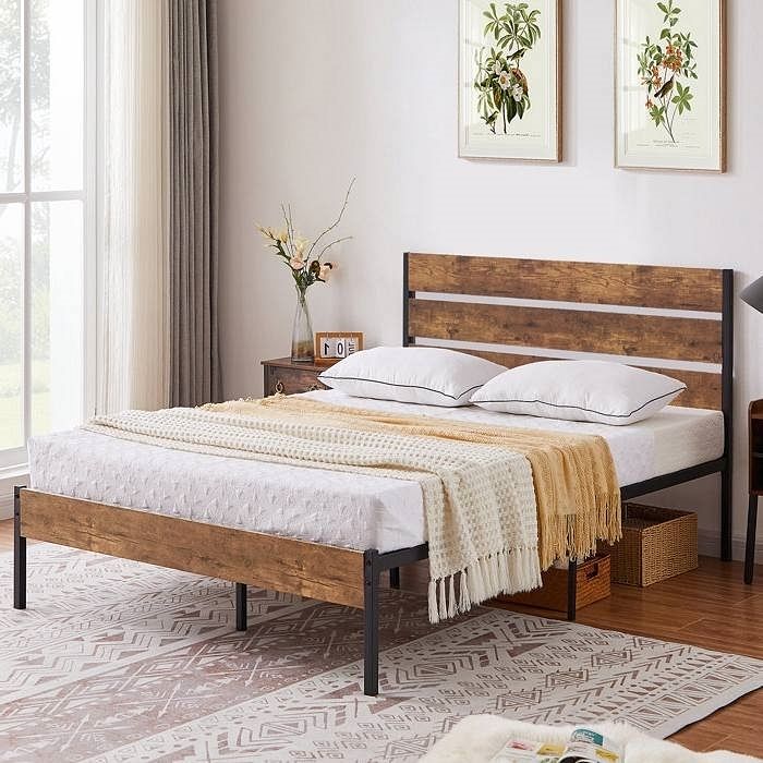 Full Industrial Platform Bed Frame with Brown Wood Slatted Headboard Footboard - Free Shipping