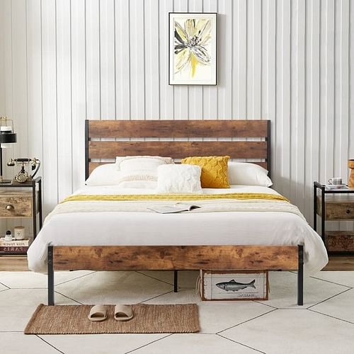 Full Industrial Platform Bed Frame with Brown Wood Slatted Headboard Footboard - Free Shipping