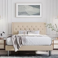 Full Size Adjustable Height Platform Bed Frame with Beige Upholstered Headboard - Free Shipping