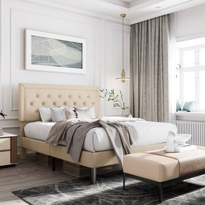 Full Size Adjustable Height Platform Bed Frame with Beige Upholstered Headboard - Free Shipping