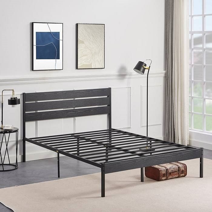 Full size Industrial Platform Bed Frame with Wood Slatted Headboard in Black - Free Shipping