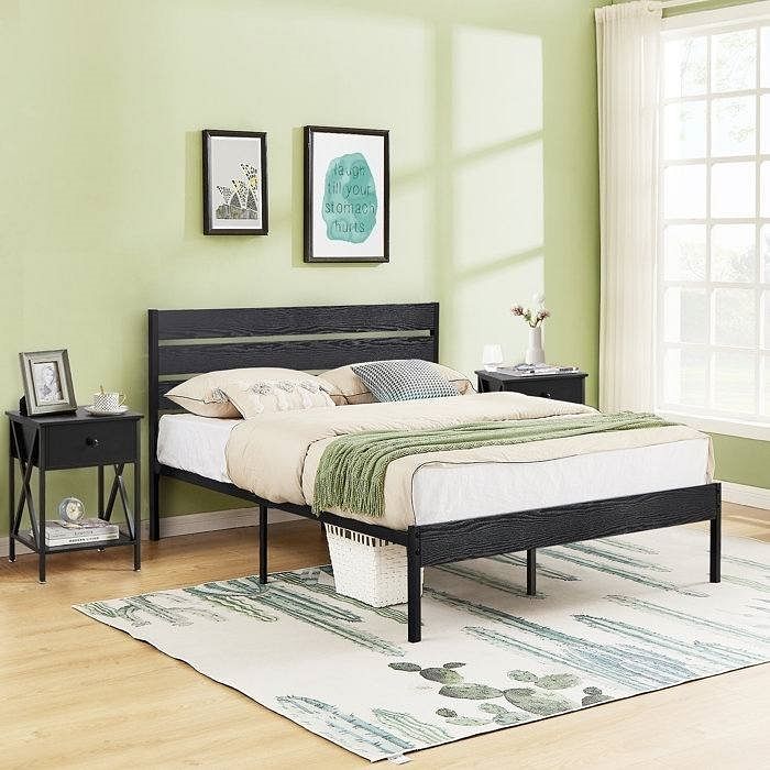 Full size Industrial Platform Bed Frame with Wood Slatted Headboard in Black - Free Shipping