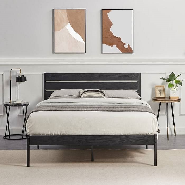 Full size Industrial Platform Bed Frame with Wood Slatted Headboard in Black - Free Shipping