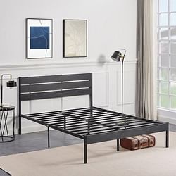 Full size Industrial Platform Bed Frame with Wood Slatted Headboard in Black - Free Shipping