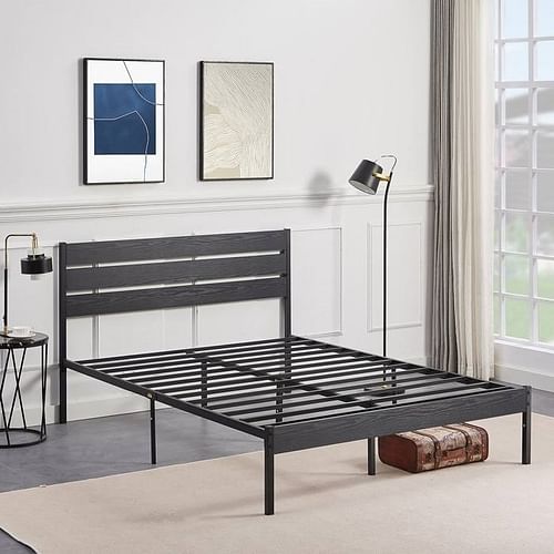 Full size Industrial Platform Bed Frame with Wood Slatted Headboard in Black - Free Shipping