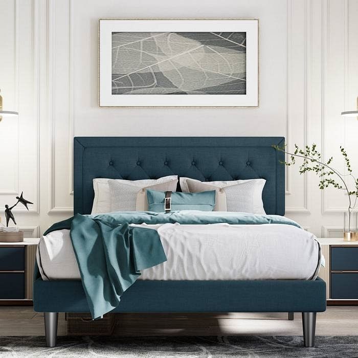 Full Size Adjustable Height Platform Bed Frame with Blue Upholstered Headboard - Free Shipping