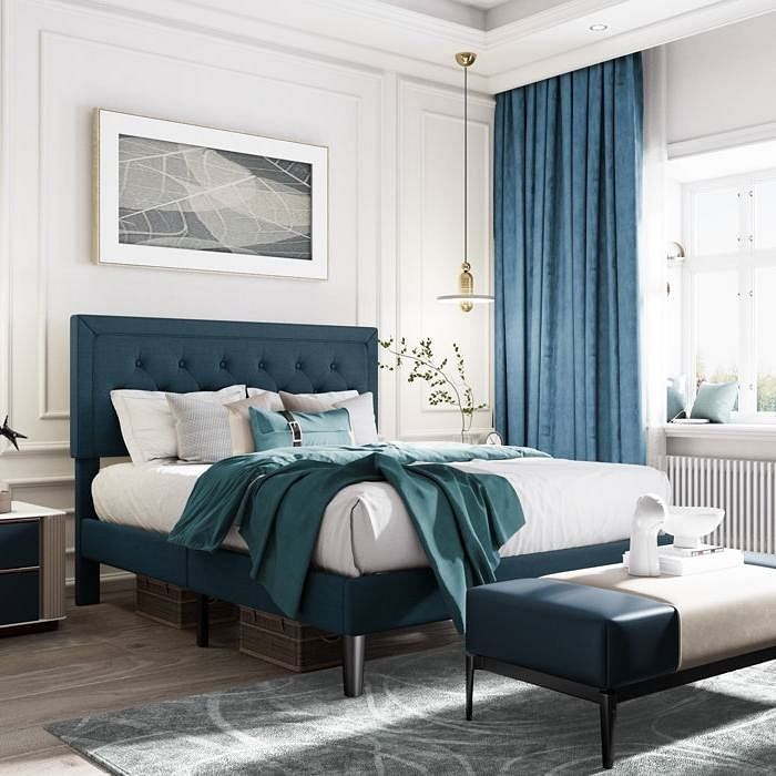 Full Size Adjustable Height Platform Bed Frame with Blue Upholstered Headboard - Free Shipping