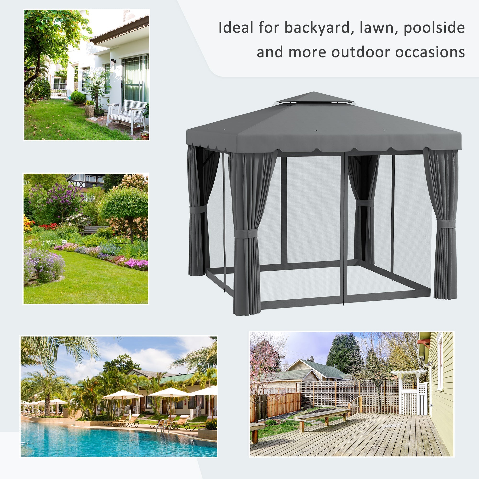 Outsunny 10' x 10' Outdoor Patio Gazebo Double Soft-top Garden Shelter with Curtains Mesh Screen Drapes Light Grey