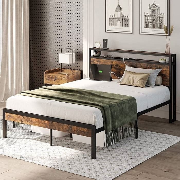 Full Size Industrial Platform Bed Frame with Storage Headboard and Power Outlets - Free Shipping