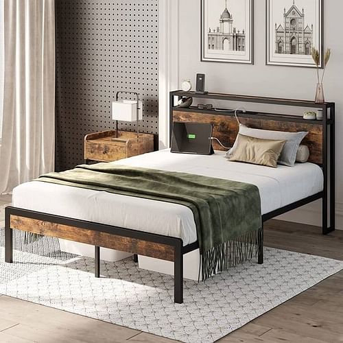 Full Size Industrial Platform Bed Frame with Storage Headboard and Power Outlets - Free Shipping