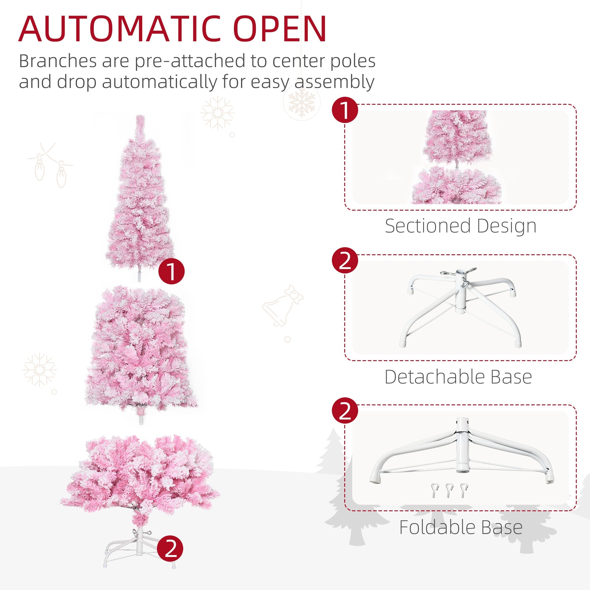 HOMCOM 6 Foot Snow Flocked Artificial Christmas Tree Pencil Xmas Tree with 520 Realistic Branches, Auto Open and Steel Base, Pink
