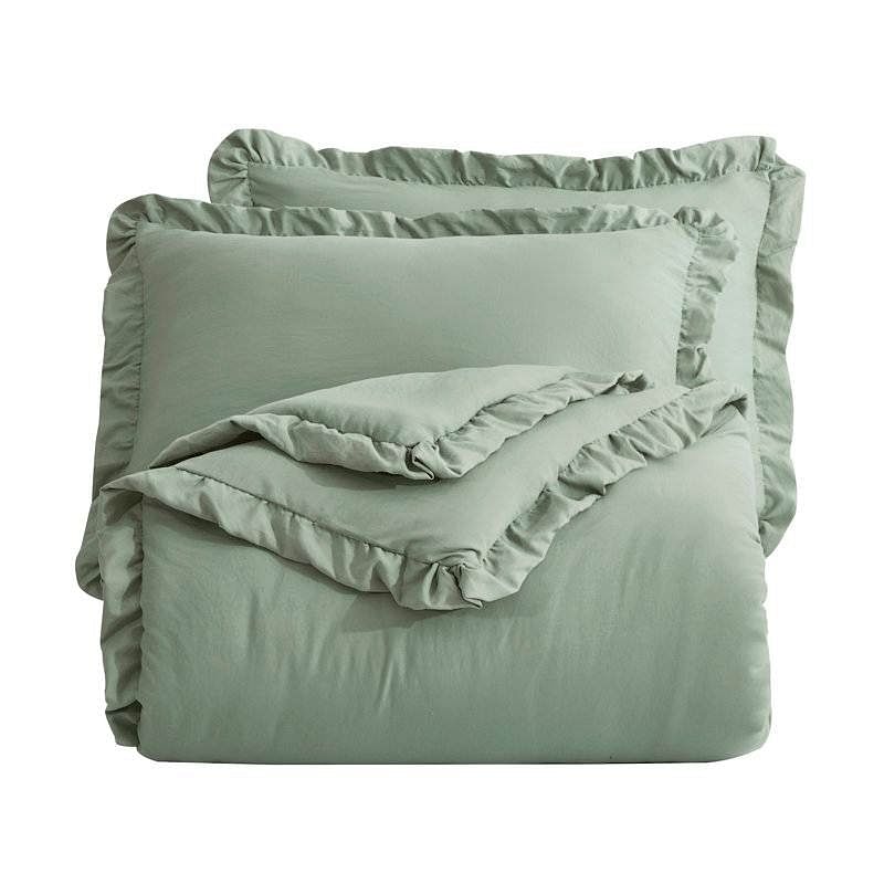 Full Size Sage Green Microfiber 3-Piece Comforter Set with Ruffled Edge Trim - Free Shipping