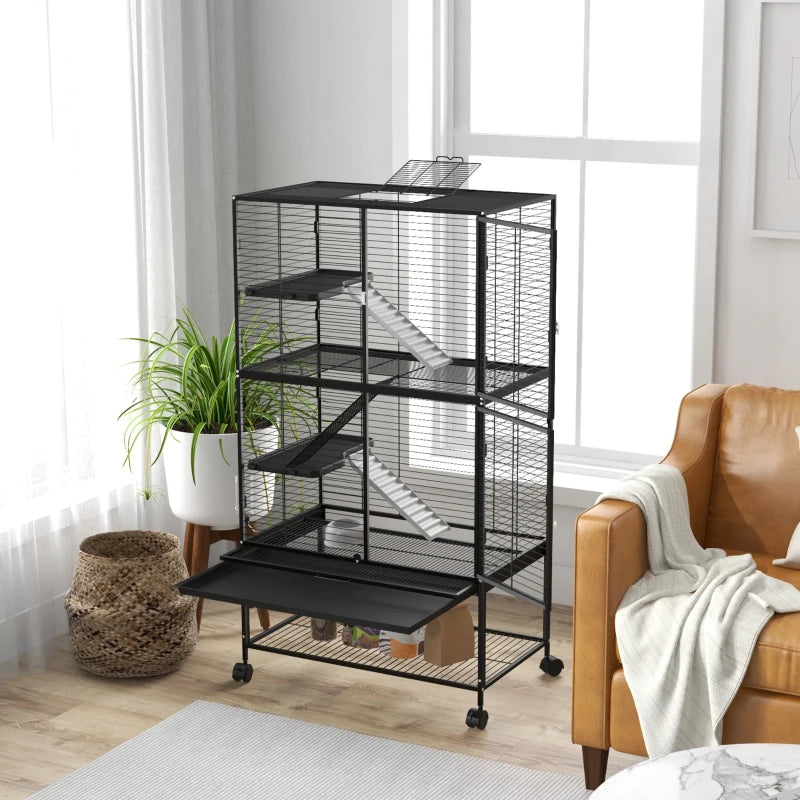Rolling Small Animal Cage 54"H Chinchilla Cage for Ferrets, Squirrels w/ Removable Tray, Storage Shelf, Black