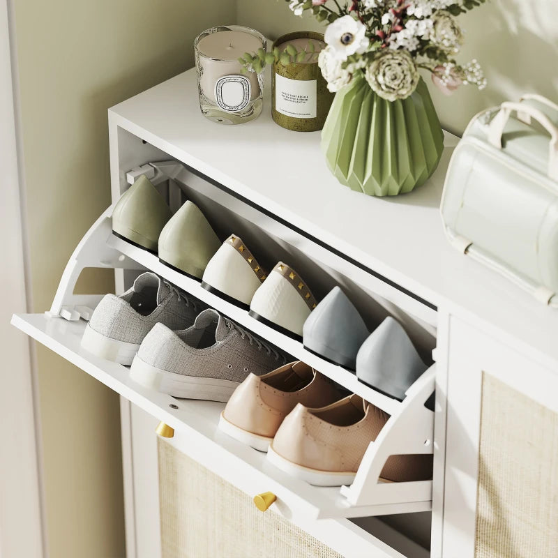 Narrow Shoe Storage Cabinet, Rattan Shoe Cabinet with 4 Flip Drawers and Adjustable Shelves for 20 Pairs, White