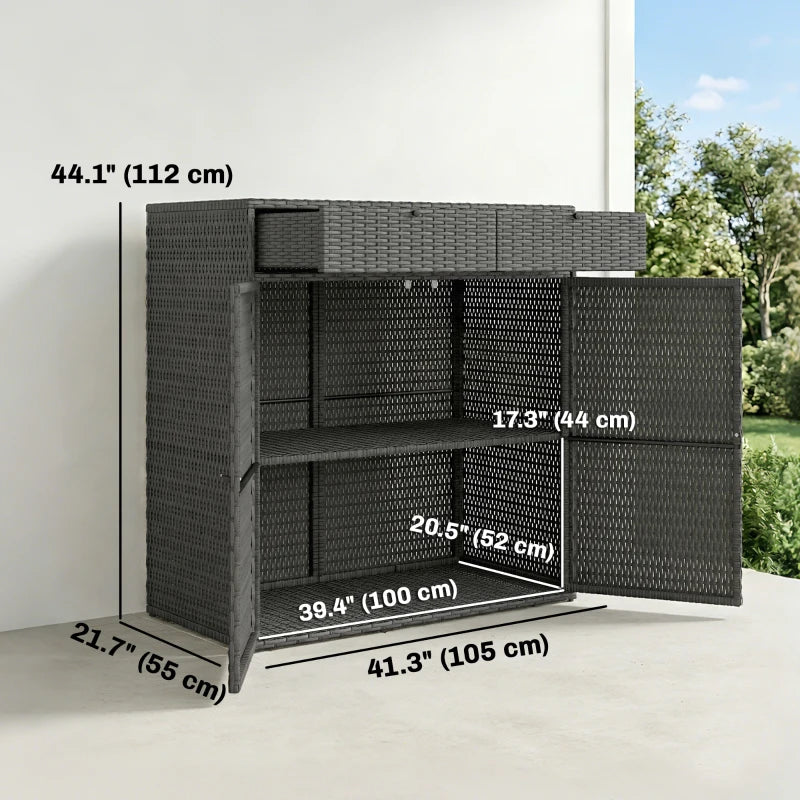Wicker Outdoor Storage Cabinet with 2 Doors and Drawers, 2-Tier Shelf Rattan Patio Storage Cabinet, Dark Grey
