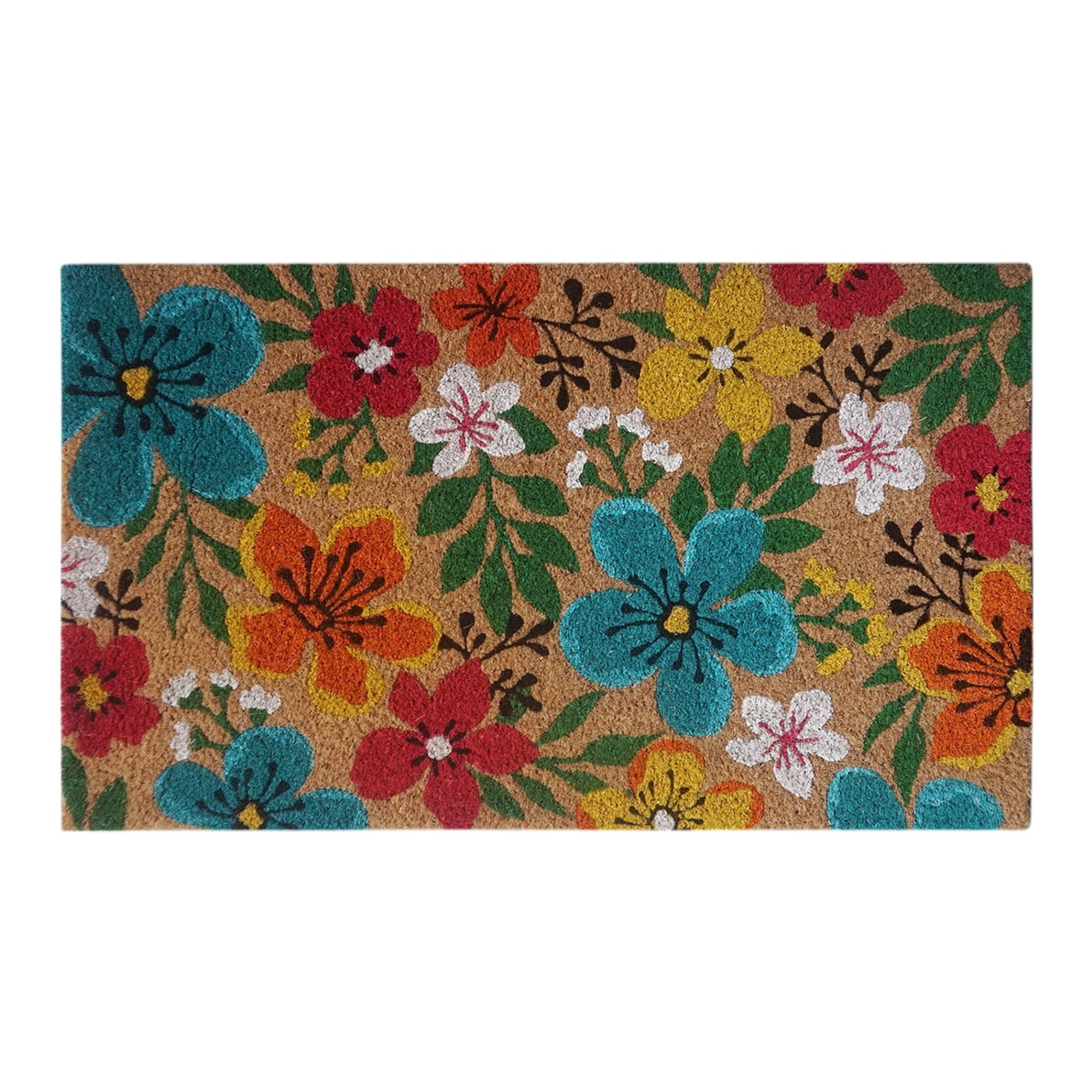 Floral Pattern Coir Doormat, Natural & Multi-Color