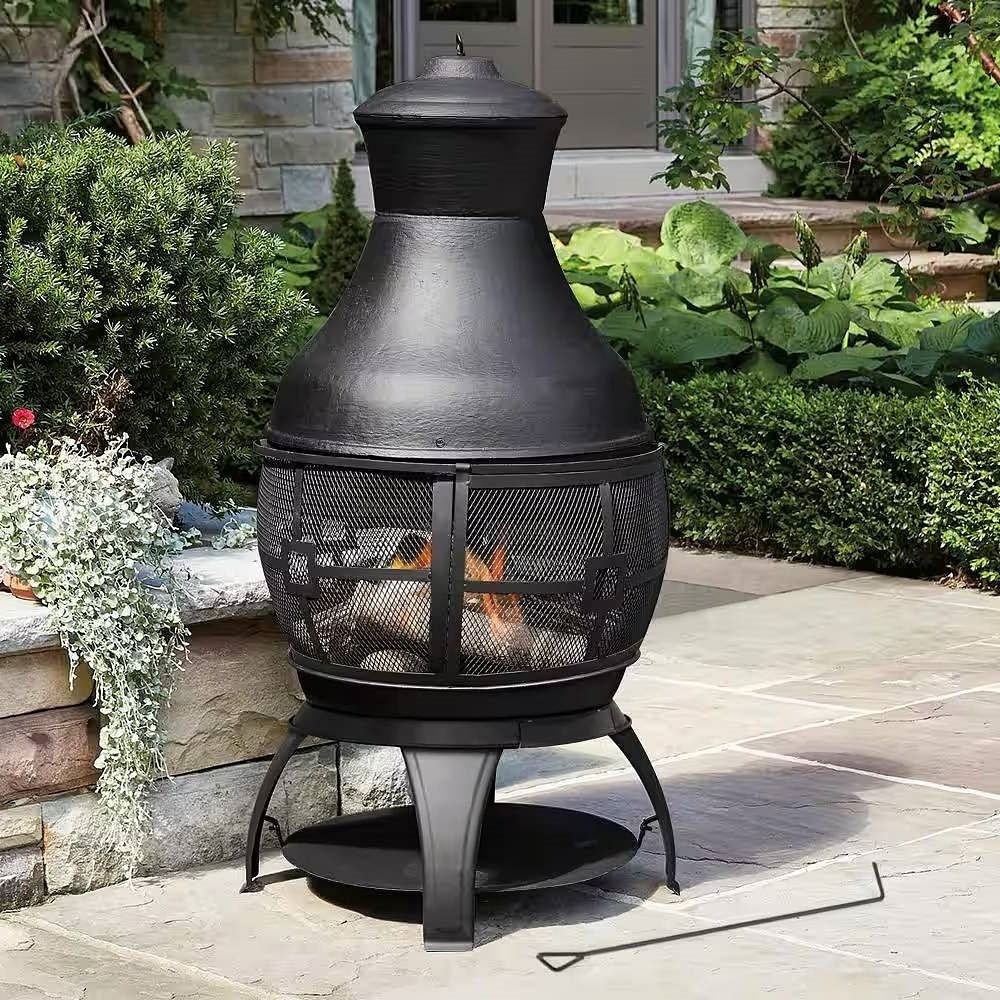 45-inch Black Cast Iron and Steel Outdoor Fire Pit Chimenea - Free Shipping