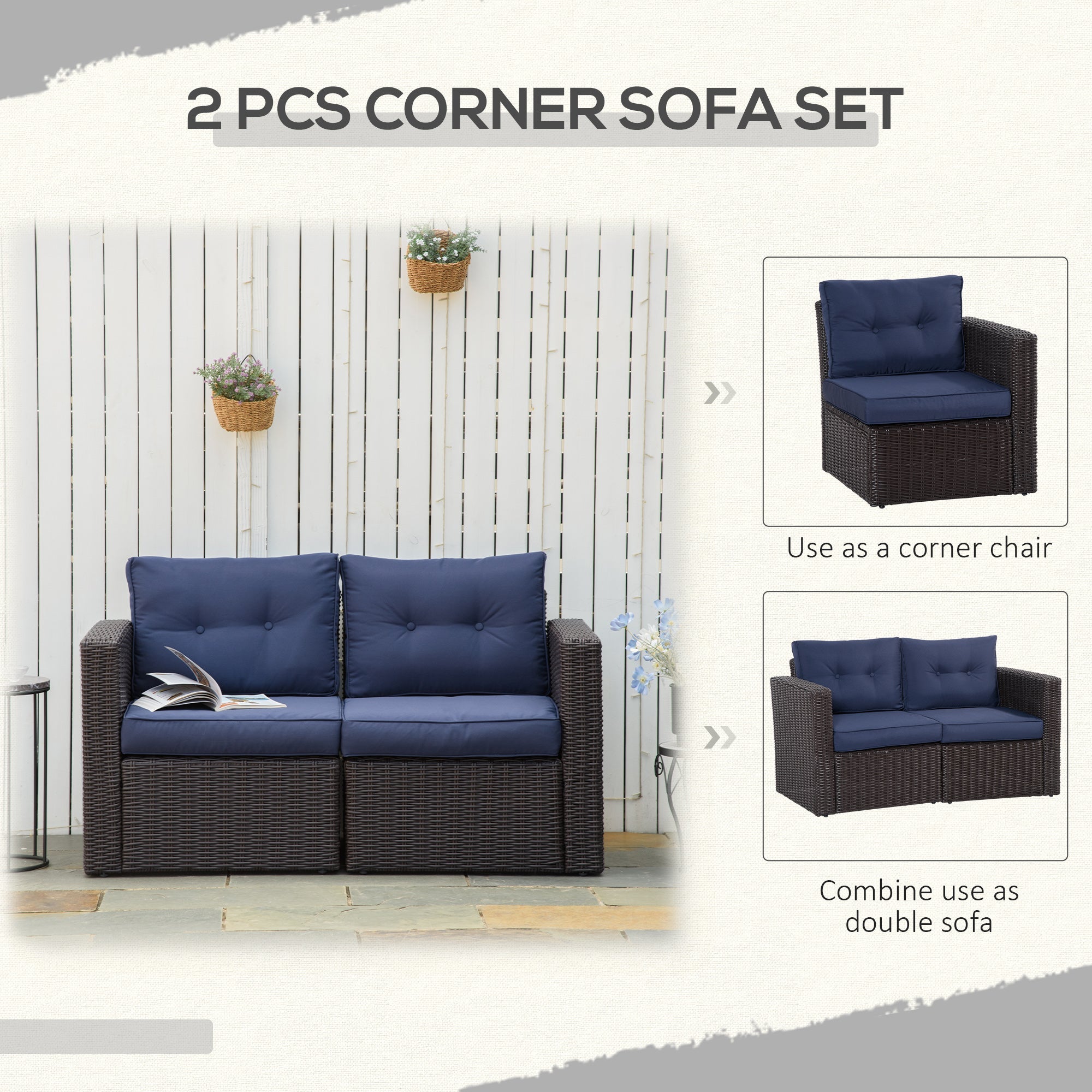 Outsunny 2 Pieces Patio Wicker Corner Sofa Set, Outdoor Freely Combination PE Rattan Furniture, with Curved Armrests & Padded Cushion
