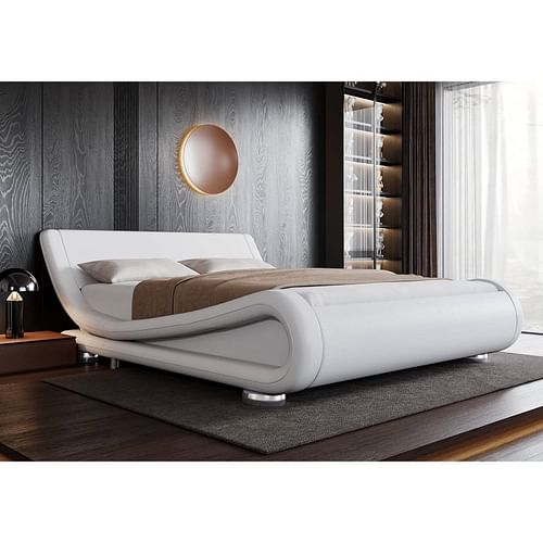 Full Modern White Upholstered Platform Bed Frame with Sleigh Curved Headboard - Free Shipping