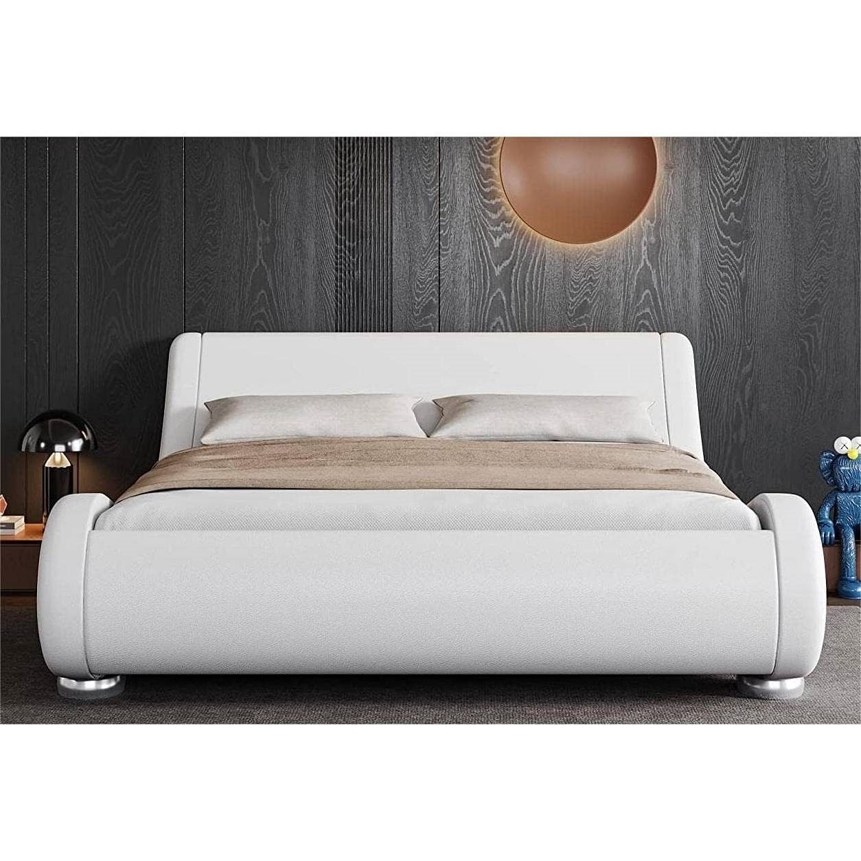 Full Modern White Upholstered Platform Bed Frame with Sleigh Curved Headboard - Free Shipping