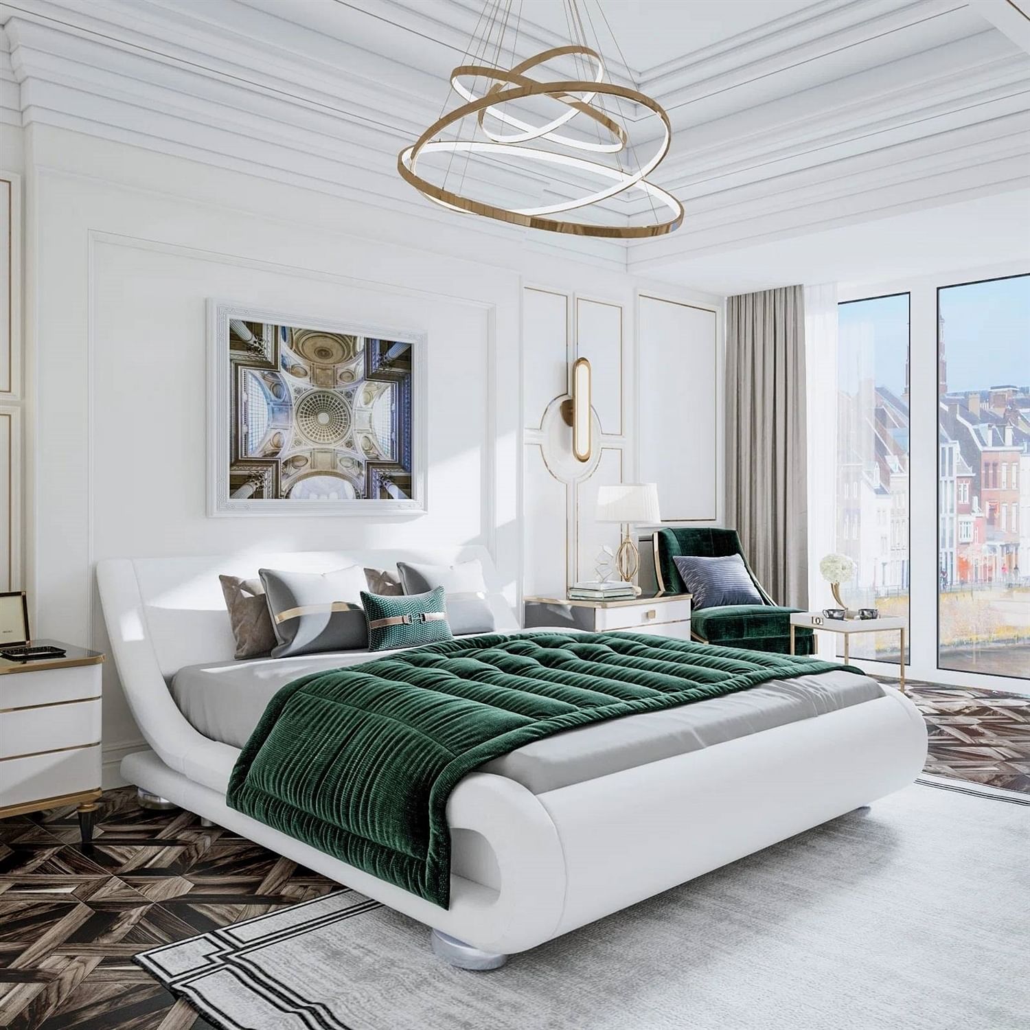 Full Modern White Upholstered Platform Bed Frame with Sleigh Curved Headboard - Free Shipping