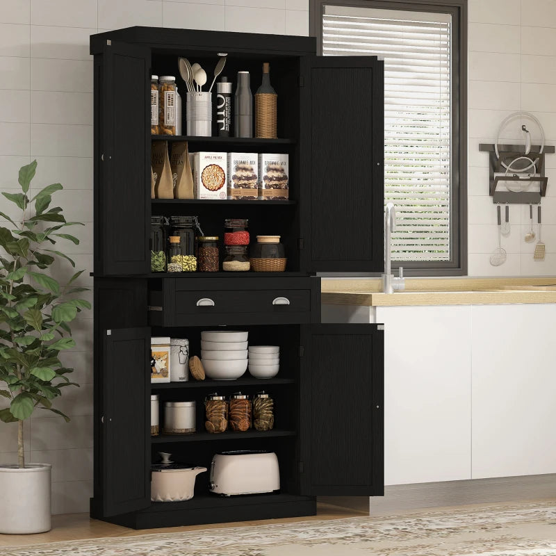 72" Tall Pantry Cabinet, Kitchen Storage Cabinet with 4 Doors, Drawer and 2 Adjustable Shelves, Black Wood Grain