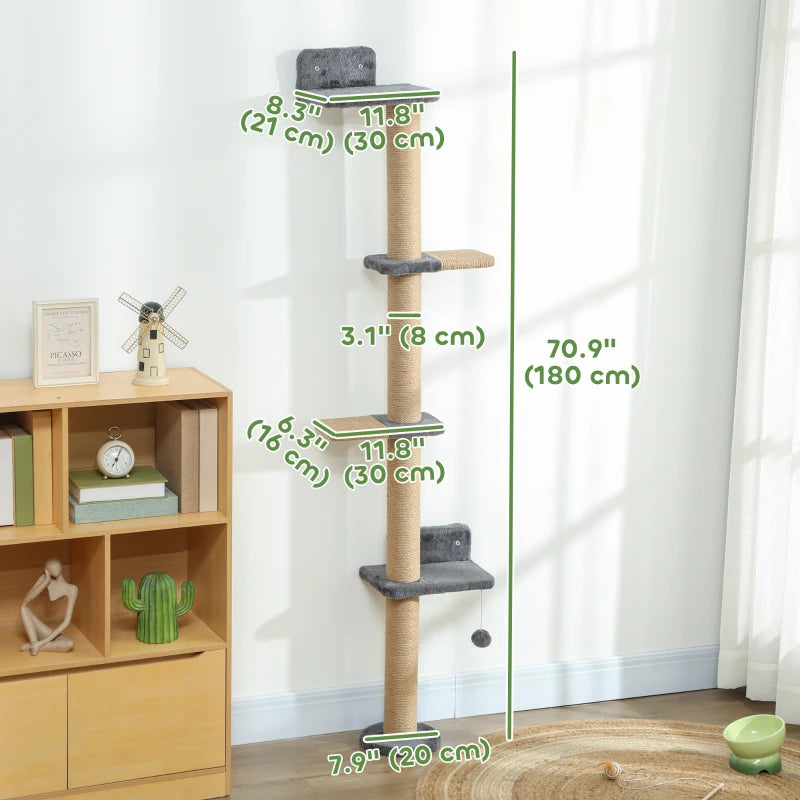 Cat Wall Shelves, Cat Wall Furniture with 4 Platforms, Jute Scratching Post for Indoor Playing, Climbing, Dark Grey