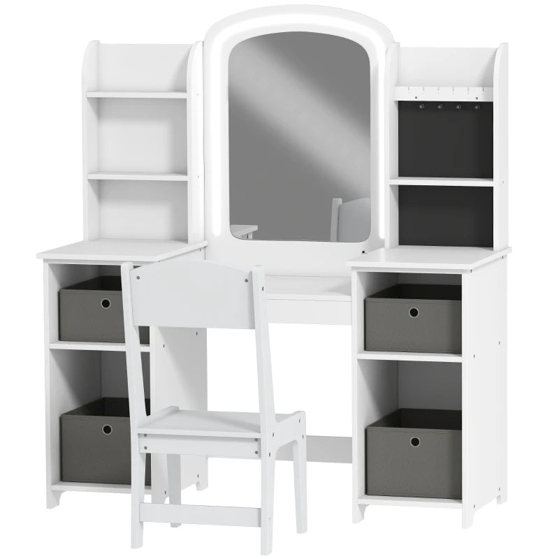 Qaba Kids Vanity Table and Chair Set, Toddler Dressing Table and Chair Set with Lighted Mirror and Storage Space for Little Girls, White