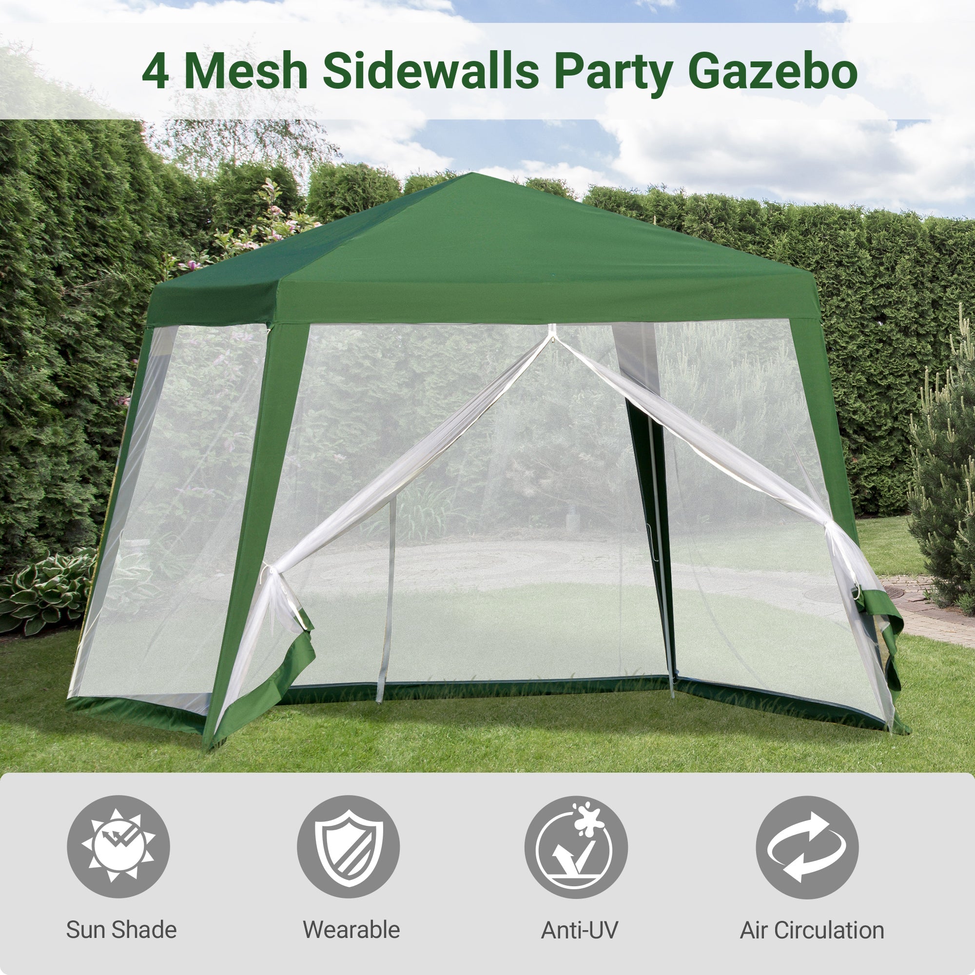 Outsunny 10x10ft Gazebo Tent with Netting Patio Canopy Outdoor Party Activity Sun Shade Garden Sun Shelter, Green