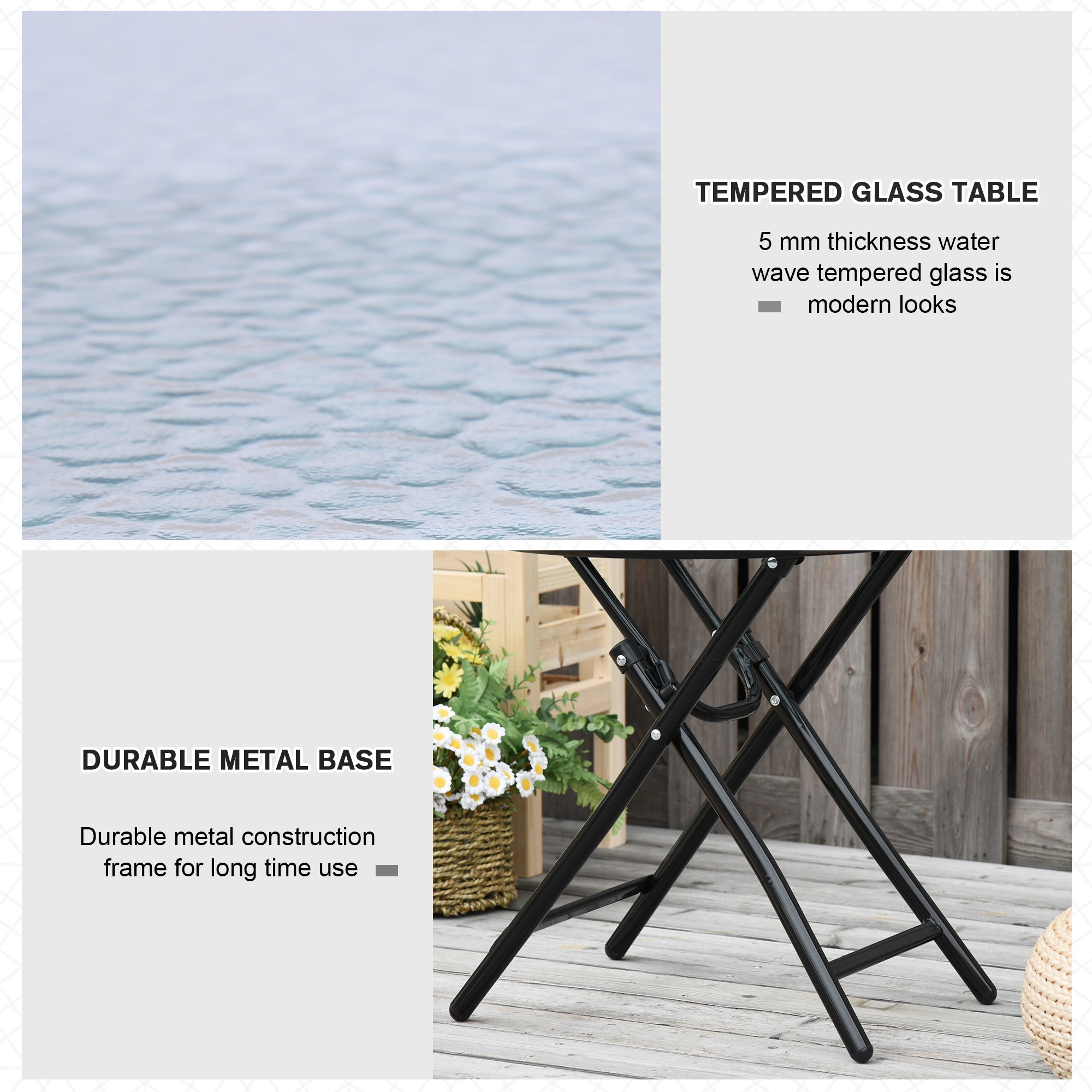Outsunny Compact Foldable Garden Table Φ17.75" Round Dining Safety Buckle Glass Top Metal Edge Outdoor Furniture