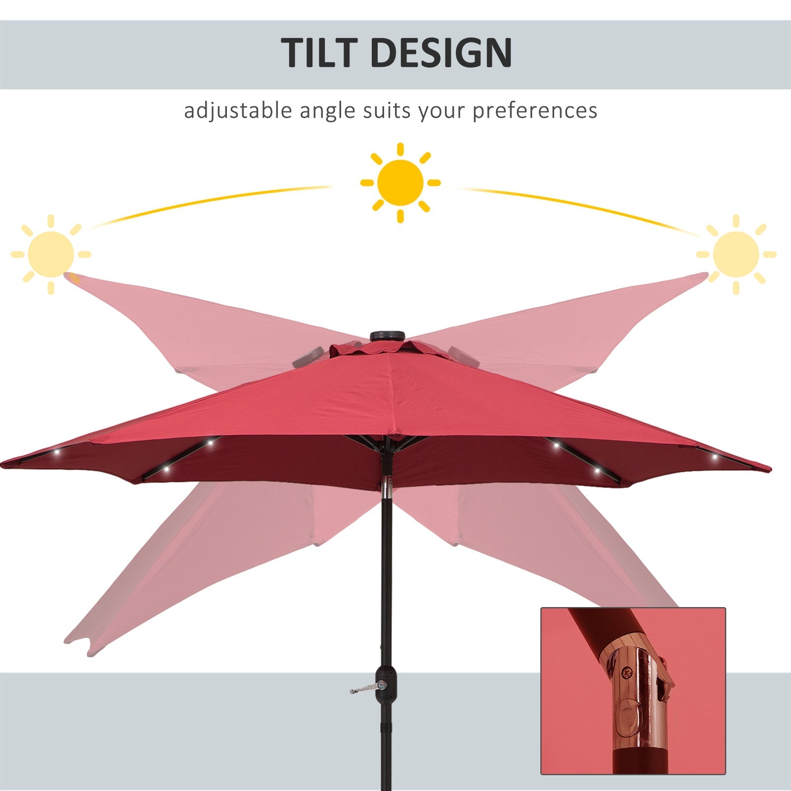 Outsunny 9ft Solar LED Patio Umbrella: Wine Red Tilt Canopy Sunshade for Stylish UV Protection