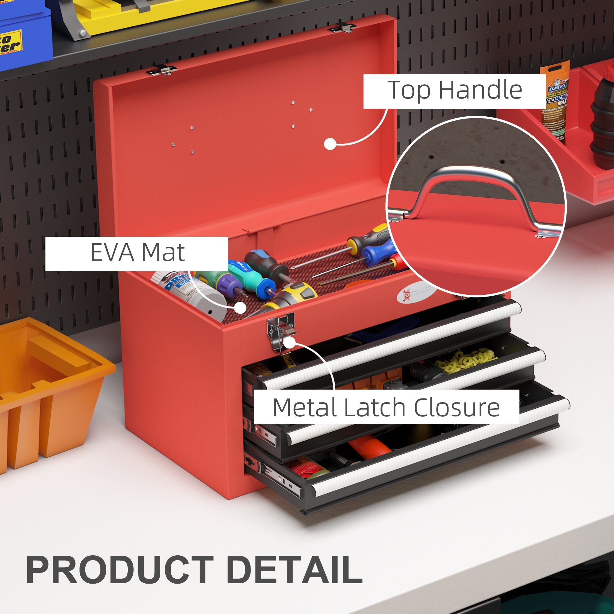 DURHAND Portable Toolbox Perfection: 3 Drawer Tool Chest with Metal Latch for Garage, Household, Warehouse, Red Finish