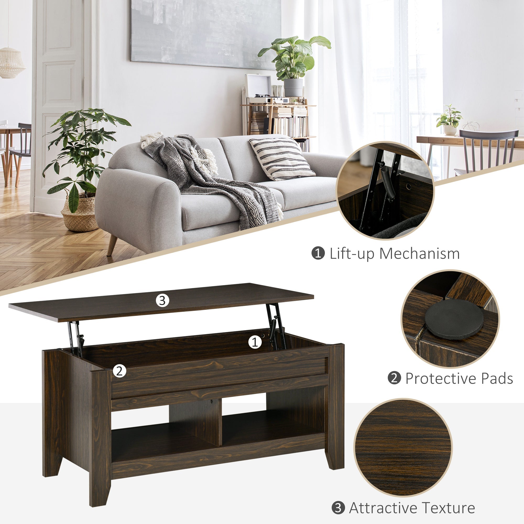 HOMCOM Dark Walnut Lift Top Coffee Table: Pop-Up Center Table with Hidden Storage, Open Shelves for Living Room