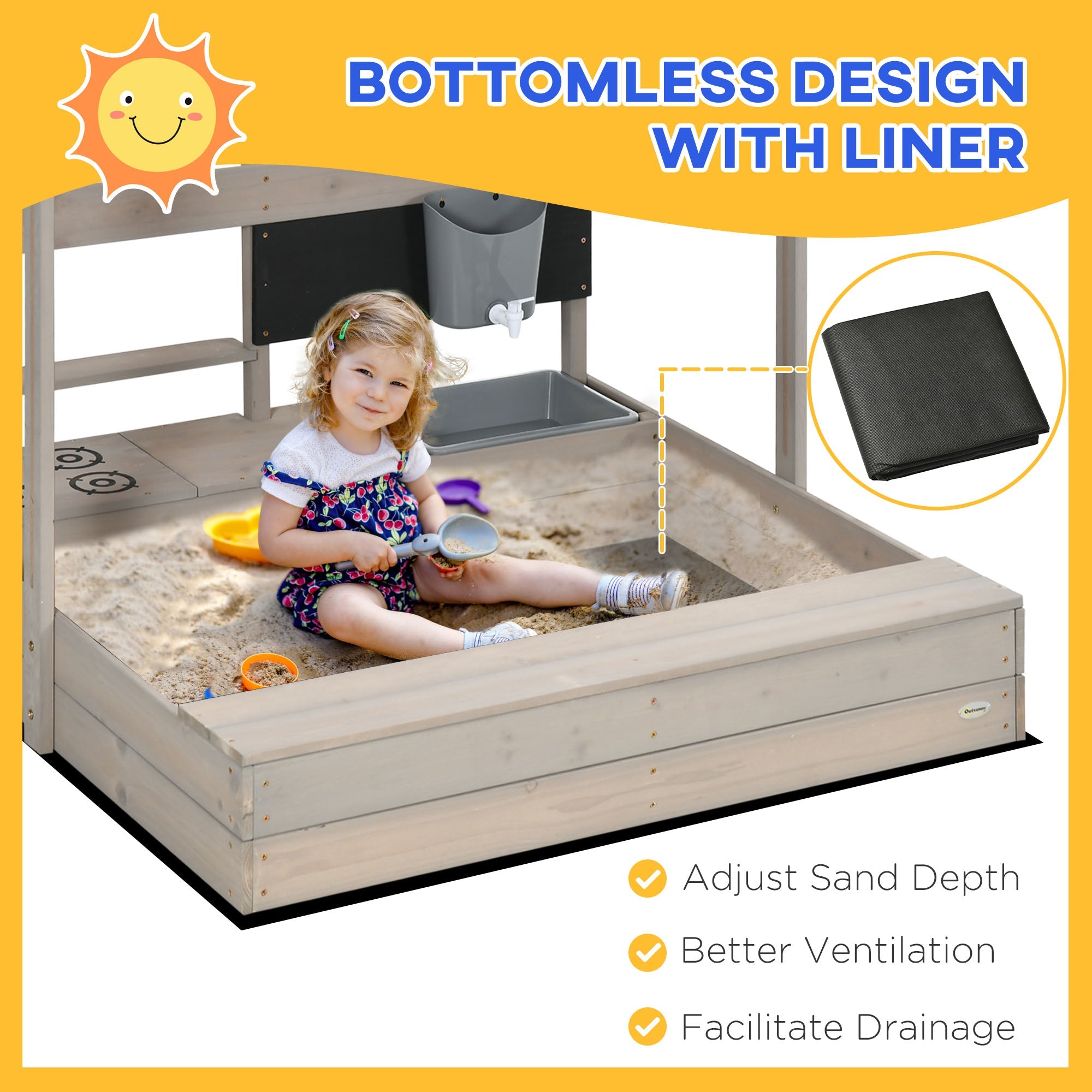 Outsunny Kids Sandbox with Canopy Wooden Sandpit Adjustable Cover Kitchen Toys Seats Storage for Ages 3-7 45x43 inch