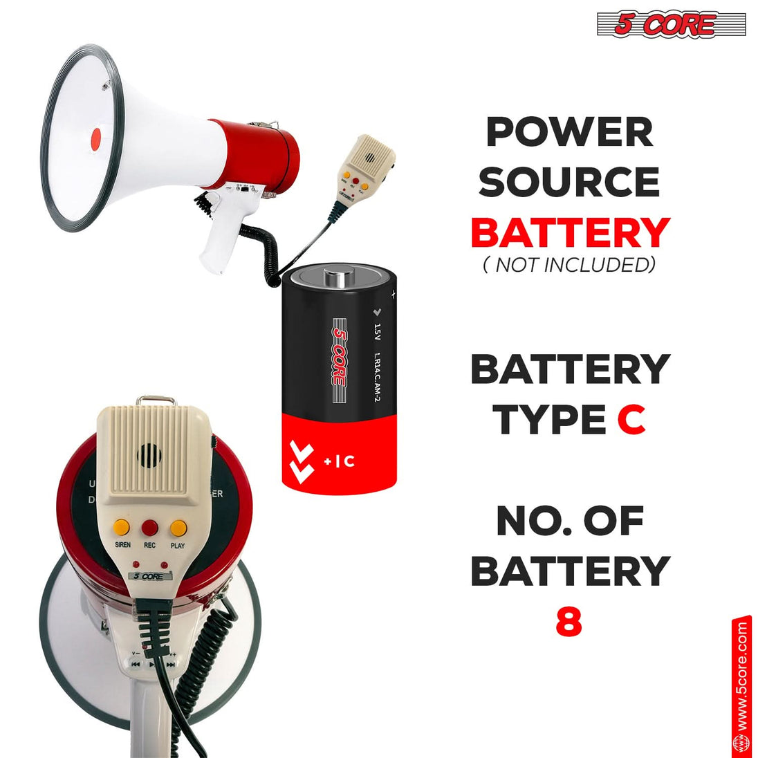 5Core Megaphone Bullhorn Speaker 50W Bull Horn Cheer Megafono 1200Ft Non Rechargeable