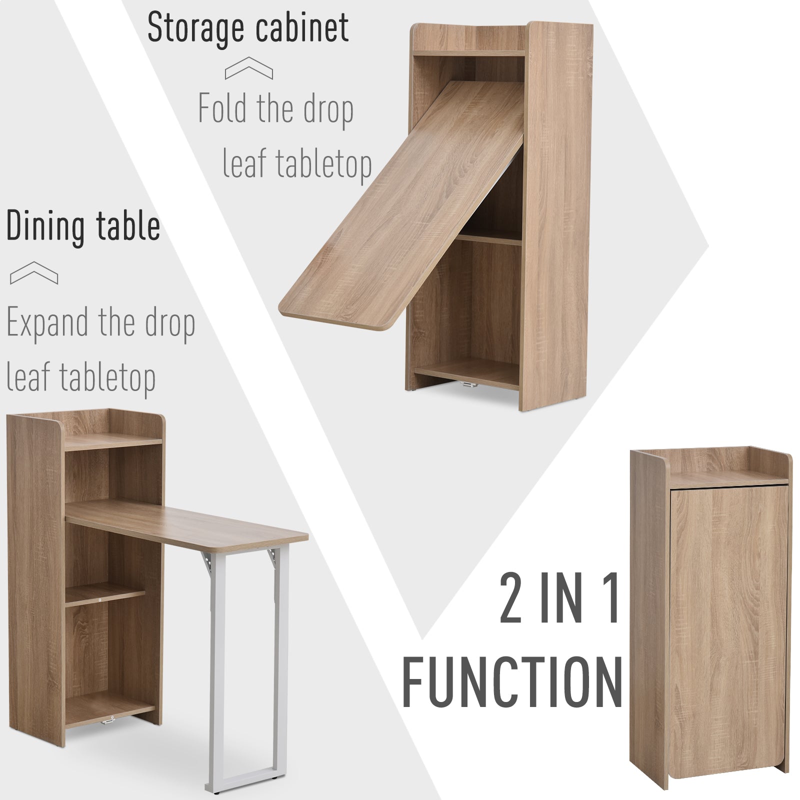 HOMCOM 2 In 1 Storage Cabinet & Dining Table 4-Tier Shelf Drop Leaf Tabletop Anti-toppling Design Small Spaces